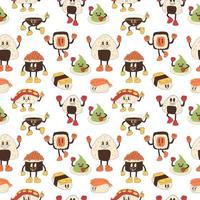 Seamless pattern with Sushi in retro cartoon style illustration, vintage character vector art collection