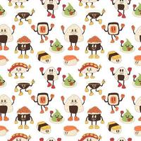 Seamless pattern with Sushi in retro cartoon style illustration, vintage character vector art collection