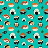 Seamless pattern with Emoji sushi characters.Cartoon japanese food. Vector set sushi cartoon characters. Funny characters sushi.