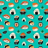 Seamless pattern with Emoji sushi characters.Cartoon japanese food. Vector set sushi cartoon characters. Funny characters sushi.