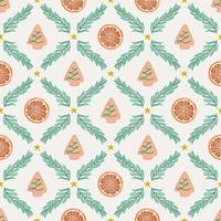 Seamless pattern with cookies, orange sections and fir branches. Christmas background, beautiful damask ornament. Vector illustration for paper, textile, scrapbooking.