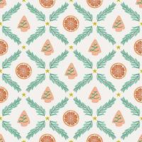 Seamless pattern with cookies, orange sections and fir branches. Christmas background, beautiful damask ornament. Vector illustration for paper, textile, scrapbooking.