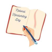 pancarta del día nacional de la escritura a mano. la mano está escribiendo en un cuaderno con bolígrafo. ilustración vectorial dibujada a mano aislada en blanco. vector