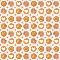 Seamless pattern with cookies, orange sections and stars. Christmas background. Vector illustration for wrapping paper, textile, scrapbooking.