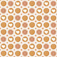 Seamless pattern with cookies, orange sections and stars. Christmas background. Vector illustration for wrapping paper, textile, scrapbooking.