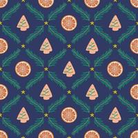 patrón impecable con galletas, secciones naranjas y ramas de abeto. fondo de navidad, hermoso adorno de damasco. ilustración vectorial para papel, textil, scrapbooking. vector