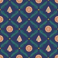 Seamless pattern with cookies, orange sections and fir branches. Christmas background, beautiful damask ornament. Vector illustration for paper, textile, scrapbooking.