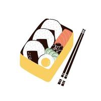 bento with onigiri, salmon, cucumbers and boiled egg. hand drawn vector illustration in flat style.