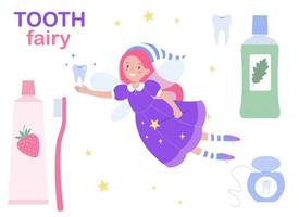 Little cute tooth fairy with  wand and  and dental care elements. Set of items for hygiene of your teeth vector