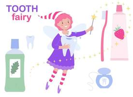 Smiling tooth fairy  and dental care elements. Set of items for hygiene of teeth vector