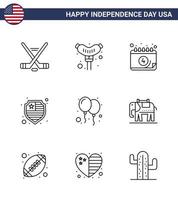 Big Pack of 9 USA Happy Independence Day USA Vector Lines and Editable Symbols of party celebrate calendar balloons protection Editable USA Day Vector Design Elements