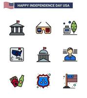 Pack of 9 creative USA Independence Day related Flat Filled Lines of flag world adobe map american Editable USA Day Vector Design Elements