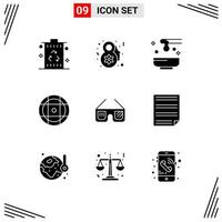 Pack of 9 creative Solid Glyphs of glasses sport beauty equipment yoga Editable Vector Design Elements