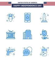 Group of 9 Blues Set for Independence day of United States of America such as office independence day monument independece drum Editable USA Day Vector Design Elements