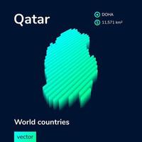 Qatar 3D map. Stylized neon simple digital isometric striped vector Map of Qatar is in green colors