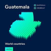 Guatemala 3D map. Stylized neon simple digital isometric striped vector Map of Guatemala is in green, turquoise and mint colors on the dark blue background