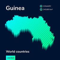 3d map of Guinea. Stylized striped vector isometric Map of Guinea is in neon green and mint colors on the dark blue background