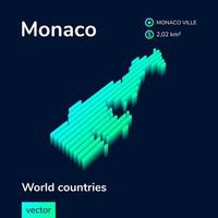 Monaco 3D map. Stylized isometric neon striped vector map in green colors on blue background