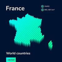 Stylized striped vector isometric 3d map of France. Map of France is in neon green and mint colors on the dark blue background