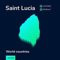 Saint Lucia 3D map. Stylized neon isometric striped vector Map in green colors on blue background