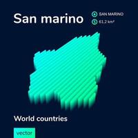 mapa san marino mapa 3d de vector rayado de neón isométrico estilizado. el mapa de san marino está en colores verde y menta en el fondo azul oscuro