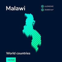 Malawi 3D map. Stylized striped vector isometri Map of Malawi is in neon green and mint colors