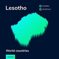 3D map of Lesotho. Stylized striped isometric vector Map of Lesotho is in neon green and mint colors on the dark blue background