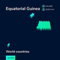 mapa 3d de guinea ecuatorial. el mapa isométrico vectorial rayado estilizado está en verde neón y colores menta en el fondo azul oscuro vector