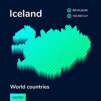 3d vector isometric Iceland map in neon turquoise colors on a dark blue background. Stylized map icon of Iceland. Infographic element