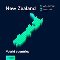 New Zealand 3D map. Stylized neon simple digital isometric striped vector Map in turquoise colors