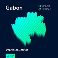 Stylized striped vector isometric 3d map of Gabon. Map of Gabon is in neon green and mint colors on the dark blue background