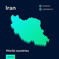 Iran 3D map. Stylized neon simple digital isometric striped vector map of Iran is in green, turquoise and mint colors on the dark blue background