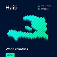 Stylized neon isometric striped vector Haiti map with 3d effect. Map of Haiti is in green and mint colors on the dark blue background