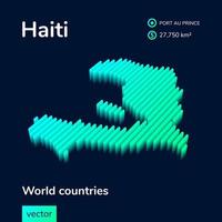 Stylized neon isometric striped vector Haiti map with 3d effect. Map of Haiti is in green and mint colors on the dark blue background