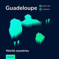 Guadeloupe 3D map. Stylized neon simple digital isometric striped vector Map of Guadeloupe is in green, turquoise and mint colors on the dark blue background