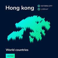 3d Hong Kong map is in mint turquoise colors on a dark blue background. Stylized isometric neon vector map