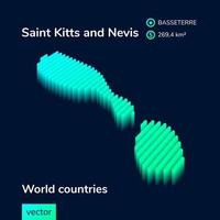 Stylized striped vector neon 3D map of Saint Kitts and Nevis is in green colors on blue background.