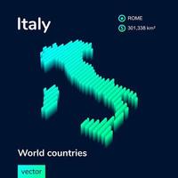 3D vector neon isometric Italy map in turquoise colors on a dark blue background. Stylized map icon of Italy. Infographic element
