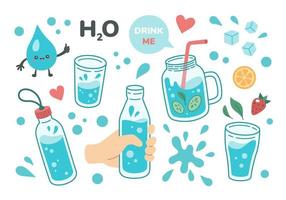 Drink more water concept, drinking water in mug, glass bottle. Set of various bottles, glasses in hand drawn style, correct daily habits, morning rituals. Zero waste. Vector illustration.