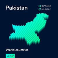 Pakistán mapa 3d. mapa de vector rayado isométrico digital simple de neón estilizado en colores verdes sobre fondo azul