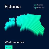 Estonia 3D map. Stylized neon isometric striped vector Map in green colors on blue background