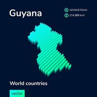 Striped isometric neon vector Guyana map in trend colors with 3d effect. Geography infographic card, poster, banner, template.