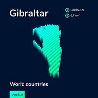 3D map of Gibraltar. Stylized striped vector isometric Map of Gibraltar is in neon green and mint colors on the dark blue background