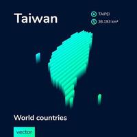 Stylized neon simple digital isometric striped vector Taiwan map, with 3d effect. Map of Taiwan is in green, turquoise and mint colors on the dark blue background