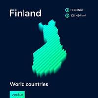 Stylized striped neon isometric vector map Finland map with 3d effect. Map of Finland is in green and mint colors on the dark blue background