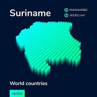 Suriname 3D map. Stylized neon simple digital isometric striped in green, turquoise and mint colors vector