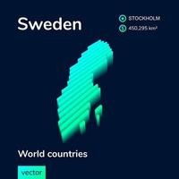 Stylized striped vector isometric neon map of Sweden with 3d effect. Map of Sweden