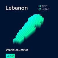 Mapa de Líbano en 3D. El mapa vectorial de rayas isométricas digitales simples de neón estilizado del Líbano está en colores verde, turquesa y menta en el fondo azul oscuro vector