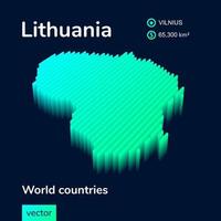 Isometric 3d vector Lithuania map in neon turquoise colors on a dark blue background. Stylized map icon of Lithuania. Infographic element