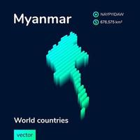 mapa 3d de myanmar. mapa vectorial de rayas isométricas de neón estilizado en colores turquesa y menta vector